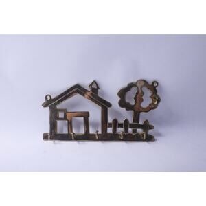 Brass Key Hook, House with Tree, 5 Hooks, Wall Mounted, Cute, Key Holder, Key